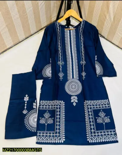 2 Pc Block Print Women's Stitched Linen Suit